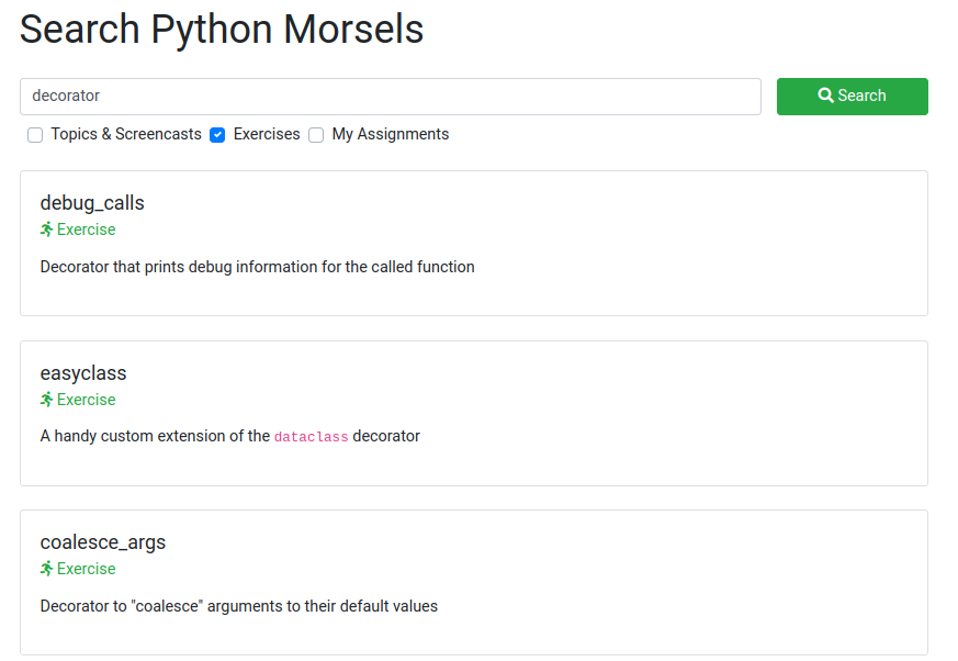 Python Morsels Feature: All exercises are searchable